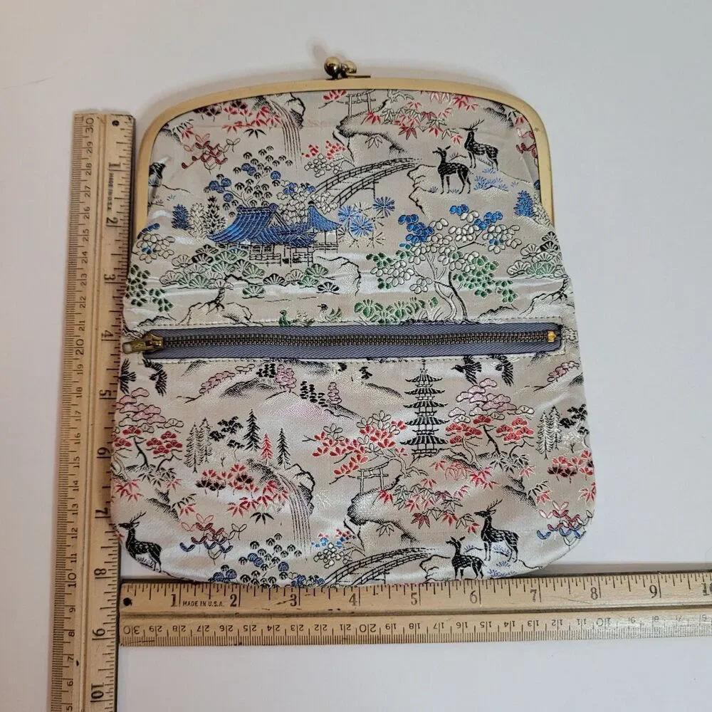 Vintage M Yamamoto & Co. Clutch Satin Brocade Kiss Lock Purse Japan Floral Kyoto